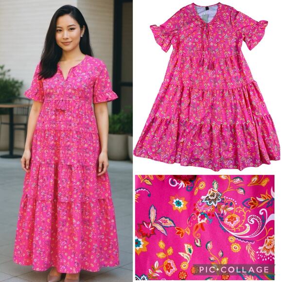 EMERY ROSE Maxi Hot Pink Floral Paisley Dress 2XL Bohemian Short Sleeve NWT - Picture 1 of 11